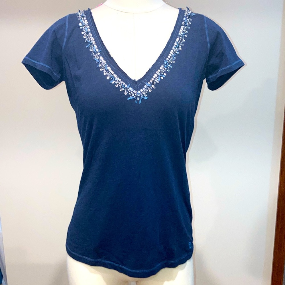 Women’s ABERCROMBIE & FITCH navy blue Embellished Sequin V neck Top ~ Size L